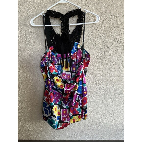 Rampage Womens Blouse Halter Racerback Crochet Beads Satin Retro Y2K Floral L ** - Picture 4 of 8